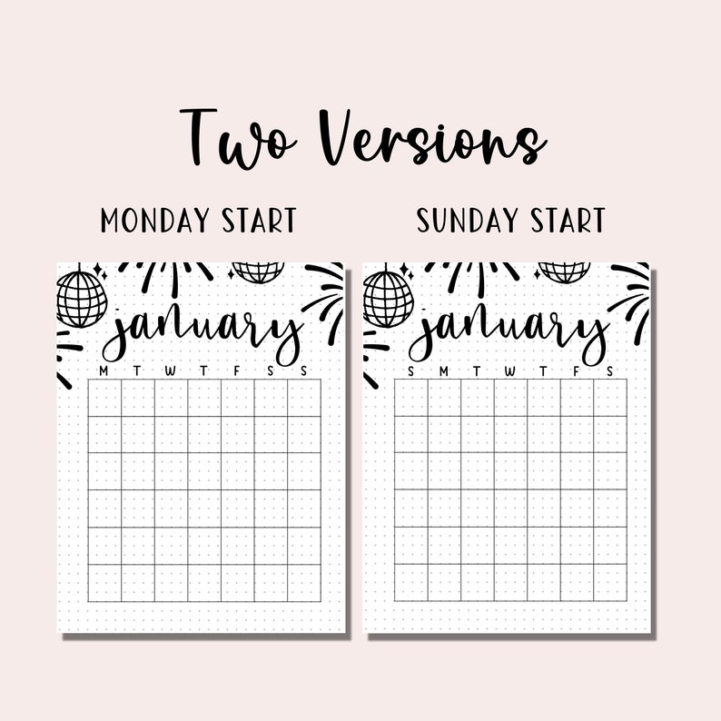 May include: Two printable calendar templates for January, one starting on Monday and the other on Sunday. Both feature a disco ball and fireworks graphic.