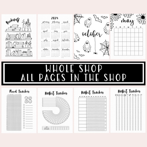 Pages imprimables Whole Shop Bullet Journal / Kit de démarrage / Inserts de journal A5 / Planificateur 2024 / Année en pixels / Trackers annuels - PDF