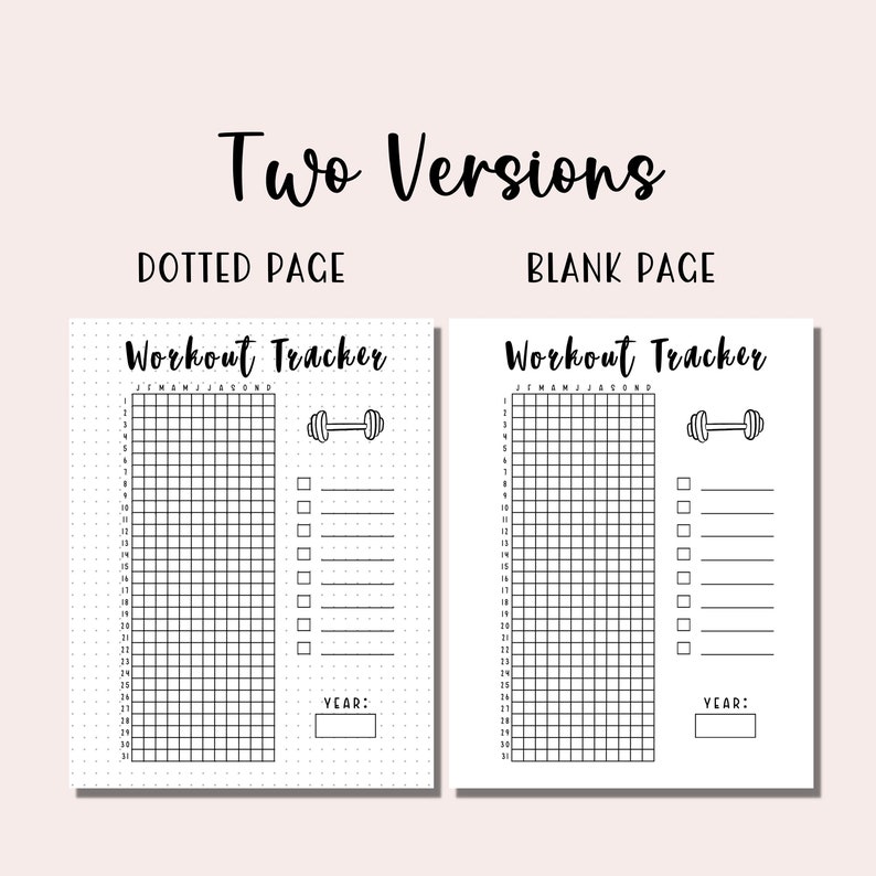 May include: Two printable workout tracker pages, one with a dotted background and one with a blank background. Both pages feature a grid with numbered rows and columns, a dumbbell icon, and space for writing the year.