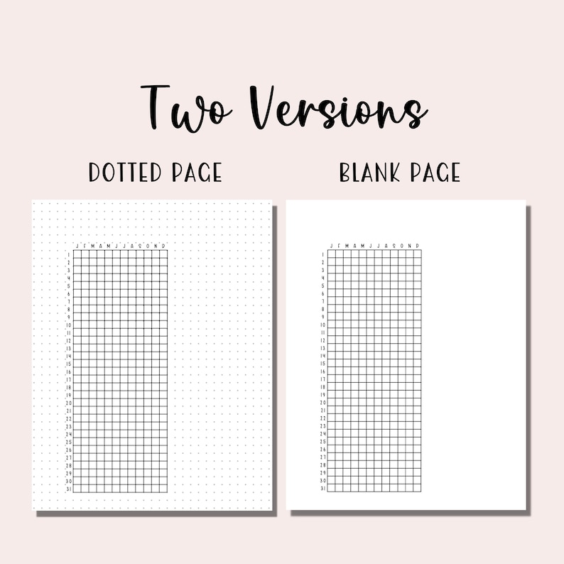 May include: Two versions of a printable planner page, one with a dotted background and one blank. The page is divided into a grid with 31 squares, labeled with the months of the year.