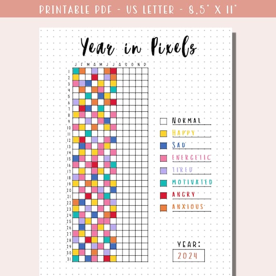 Printable Year in Pixels Tracker with Key/ Mood Tracker / Bullet Journal Yearly Tracker / A Year in Pixel Grid / Printable Planner Page