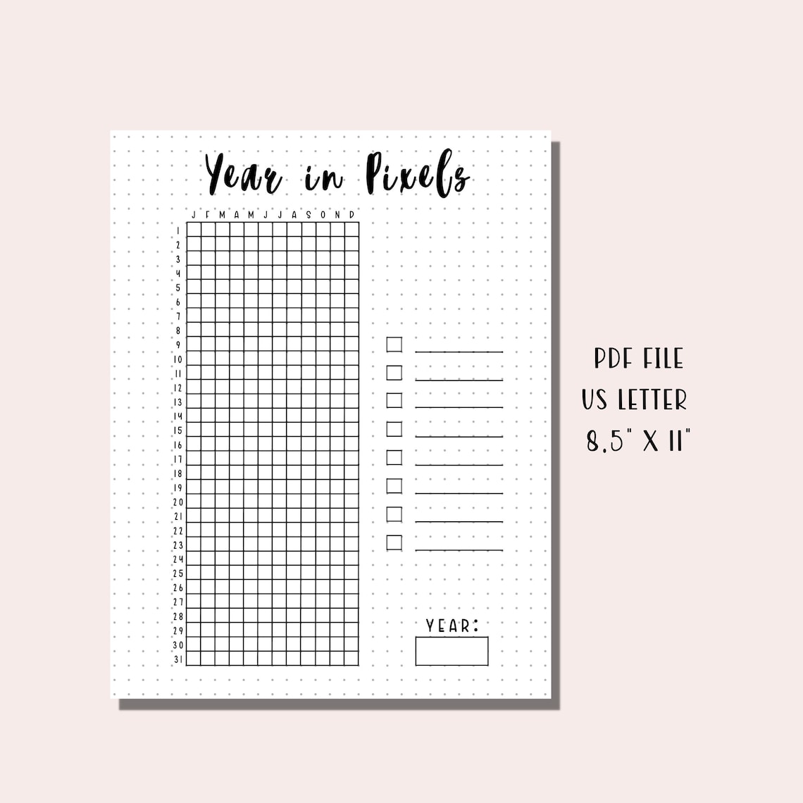 Printable Year in Pixels Tracker With Key/ Mood Tracker / Bullet ...