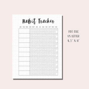 May include: A printable habit tracker with a black and white design. The tracker has 12 columns for each month of the year and 10 rows for different habits. Each row has 31 circles for each day of the month. The text "Habit Tracker" is at the top of the page.