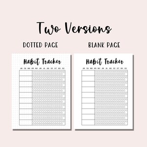 May include: Two versions of a printable habit tracker, one with a dotted background and one with a blank background. Both versions have a title "Habit Tracker" and a grid of circles for each day of the year, with months labeled across the top.