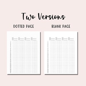 May include: Two versions of a printable planner page, one with a dotted grid and one with a blank grid. Both pages have numbered lines and columns, with boxes at the top for titles.