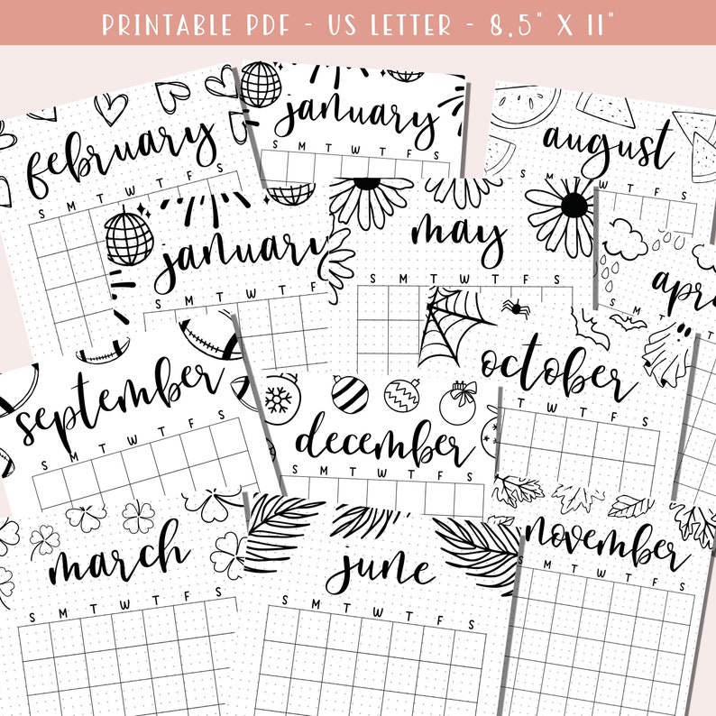 Undated Printable Calendar Template - A5 Planner Inserts  - 2024 Bullet Journal Pages - Digital Planner - Monday and Sunday Start Versions