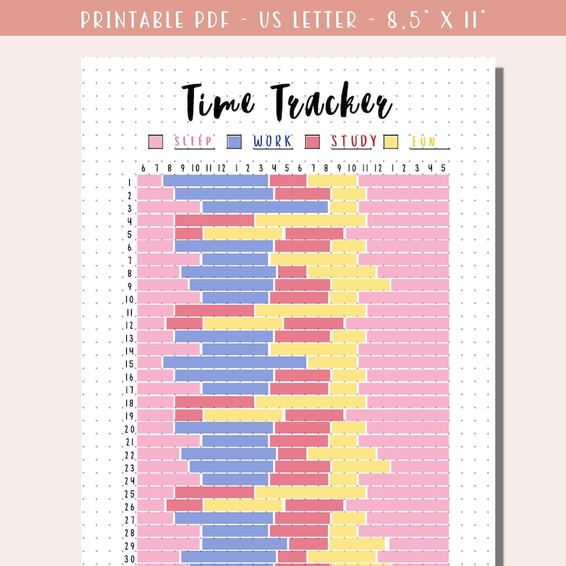 May include: A printable time tracker with a grid of 30 rows and 16 columns. Each row represents an hour of the day, from 1 to 30. Each column represents a 15-minute increment, from 6 AM to 5 PM. The grid is color-coded to represent different activities: sleep (pink), work (blue), study (red), and fun (yellow).