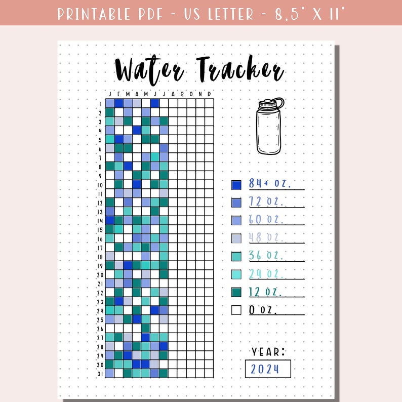 Water Tracking Paper Yearly Water Tracker Printable / Health Tracker / Wellness Journal ...