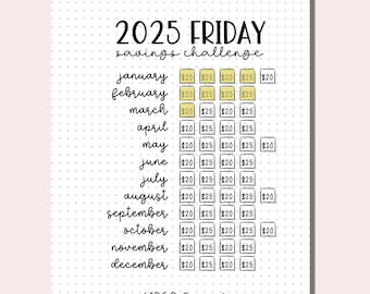 Save 1760 Dollars / 2025 Friday Savings Challenge Printable / Save Money Savings Challenge / Budget Tracker / Bullet Journal Page