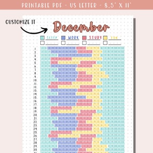 May include: A printable December calendar planner with a grid layout. The calendar is divided into four color-coded sections: sleep, work, study, and fun. Each section has a box to check off for each day of the month.