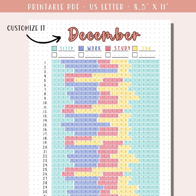 May include: A printable December calendar planner with a grid layout. The calendar is divided into four color-coded sections: sleep, work, study, and fun. Each section has a box to check off for each day of the month.