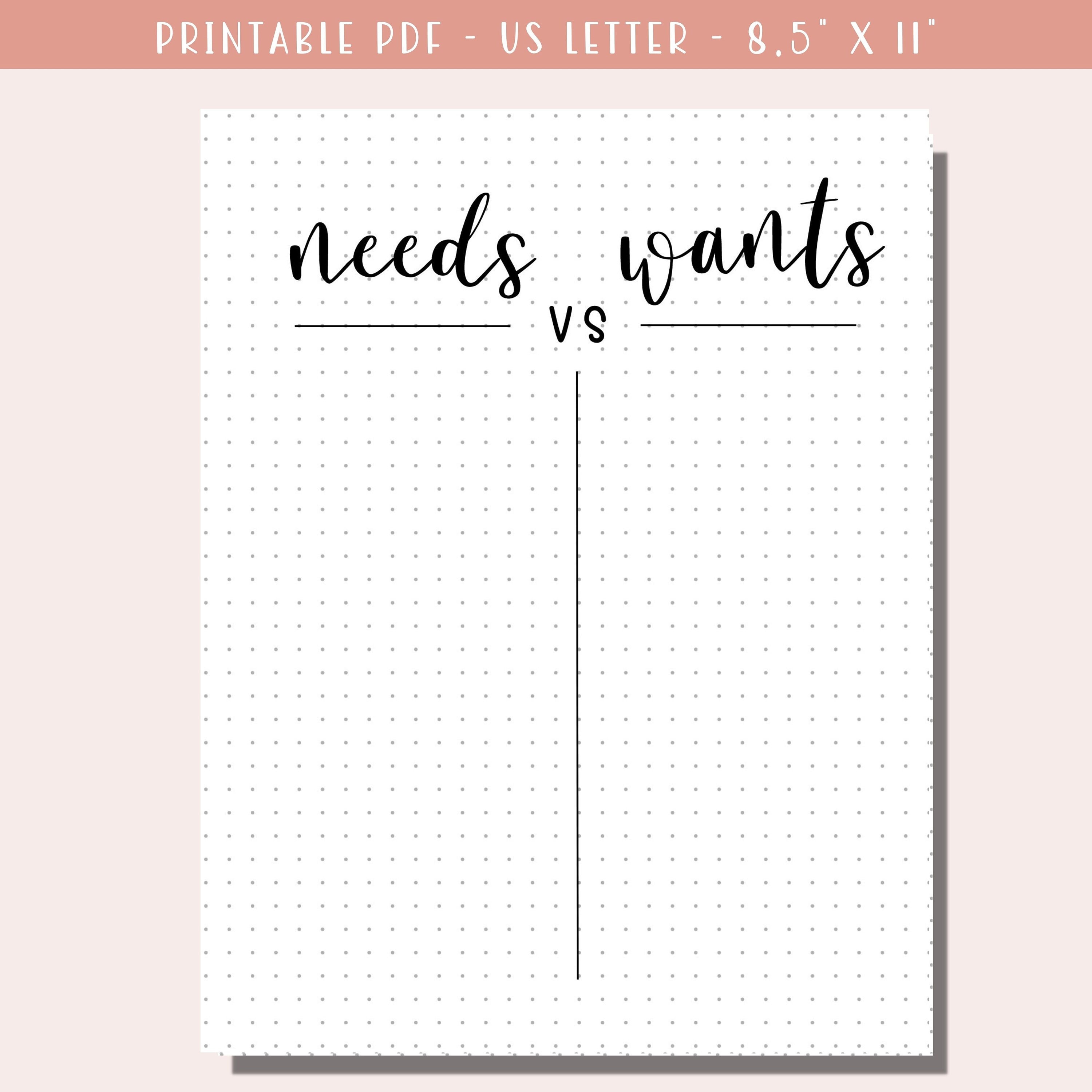 Needs Vs Wants Bullet Journal Page Printable / Wishlist A5 Journal