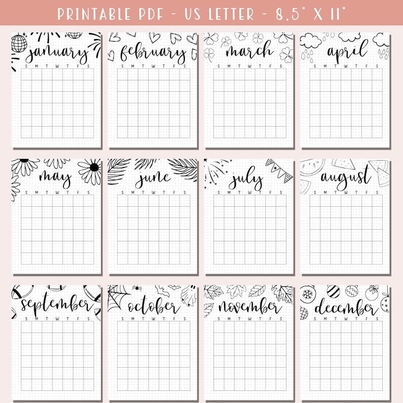 May include: Printable calendar template for a year, featuring a different doodle design for each month. The calendar is designed for US Letter size paper, 8.5 inches by 11 inches.