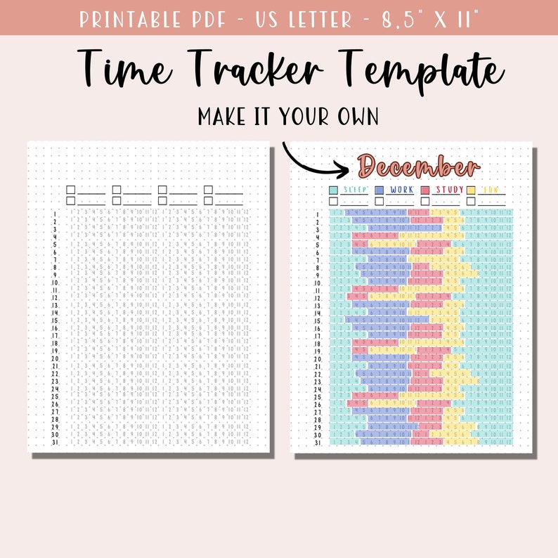 May include: Printable time tracker template for December. The template is divided into 31 days and has four color-coded sections for sleep, work, study, and fun. Each day is divided into 24 hours.