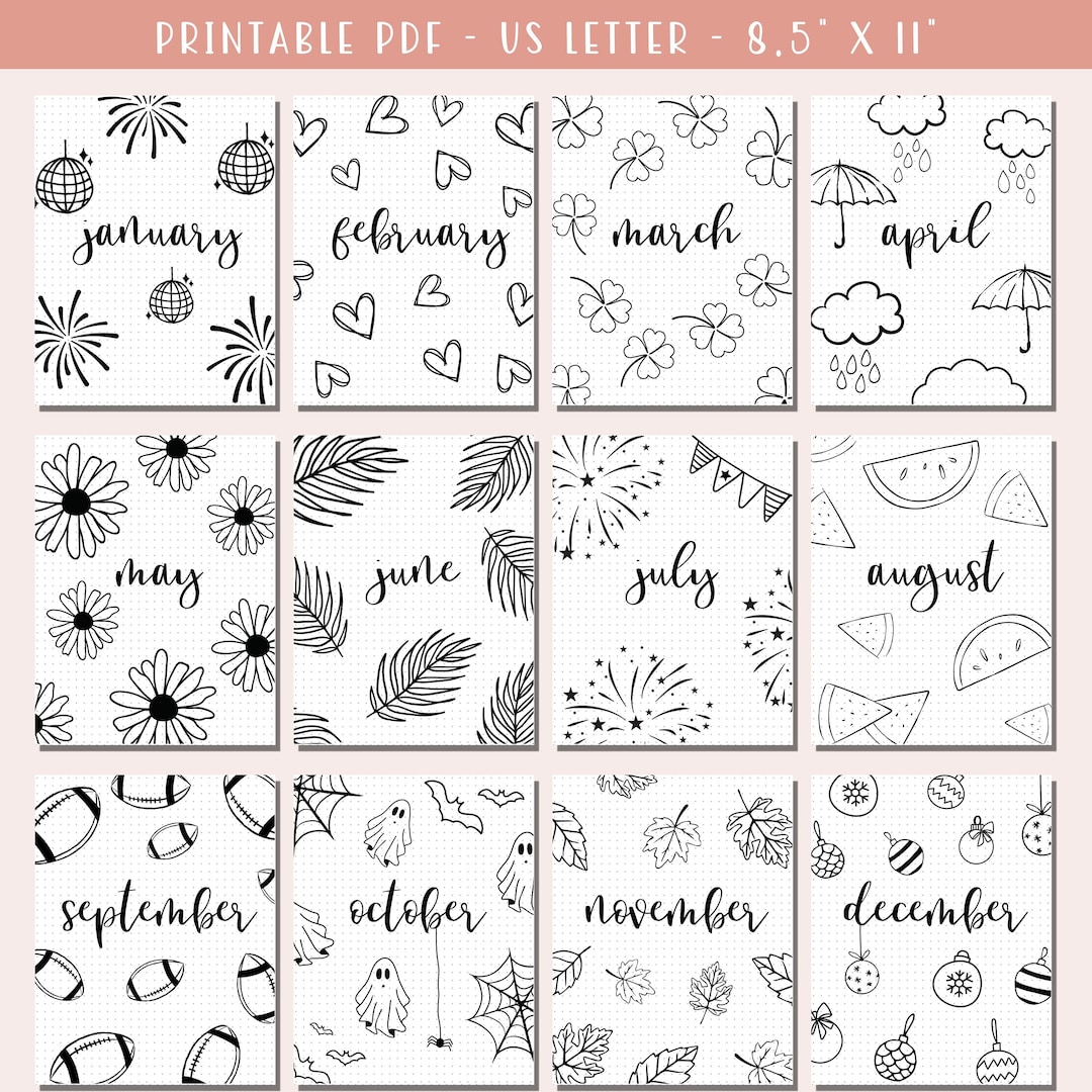 Bullet Journal Cover Pages / 12 Month Title Pages / A5