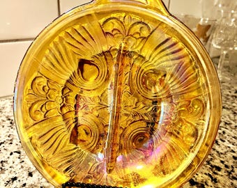 Cenicero de cristal vintage de carnaval con diseño de caléndula • Plato iridiscente con efecto sol ámbar