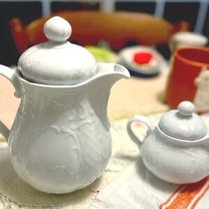 Juego de tetera y cafetera vintage Seltmann Weidman – Blanco Viena Salzburgo, grabado Baviera