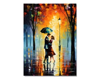 Romantic Couple Under One Umbrella Vibrant Canvas Print Framed 12" x 16" NEW!