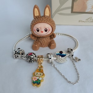 Labubu Charm Bracelet: Silver-Plated Kawaii Jewelry with Free Toy
