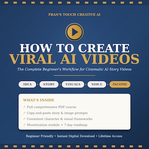 Op de afbeelding: Een digitale afbeelding met een donkerblauwe achtergrond met de tekst FRAN'S TOUCH CREATIVE AI, HOW TO CREATE VIRAL AI VIDEOS en The Complete Beginner's Workflow for Cinematic AI Story Videos. Het bevat een procesbalk en een lijst met inhoud.