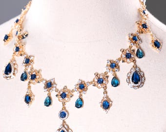 Victorian necklace and earrings, blue and gold, Baroque Rococo Renaissance jewelry