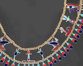 Replica ancient Egyptian jewelry, necklace of Princess Khenmet, gold-plated, glaze painted by hand
