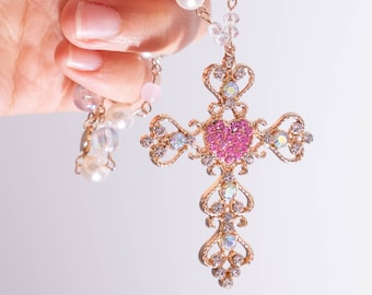 Kawaii Y2K Cross Heart Necklace Gold Pink Japanese Kpop Lolita Sweet