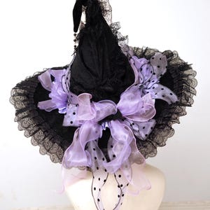 Black witch hat with cute purple ribbons, witch broom 52 in, Halloween, ren faire, gothic