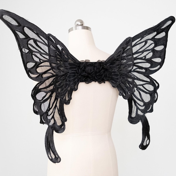 Butterfly wings, back wings costume, black, gothic, made of embroidery lace fabric, ren faire, Halloween