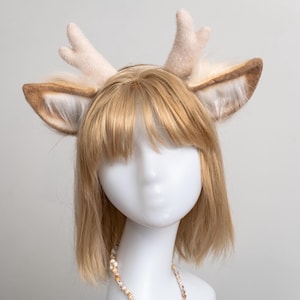 Kawaii deer ears, blonde deer ears, cute yellow beige deer ears with antlers, furry deer ears, lifelike fur cosplay