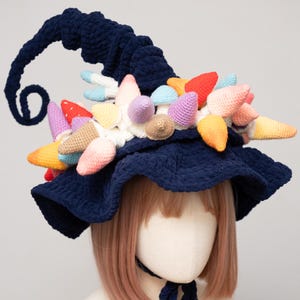 Witch hat full of mushrooms, dark blue witch hat, handknitted crochet witch hat, elf witch hat, ren faire
