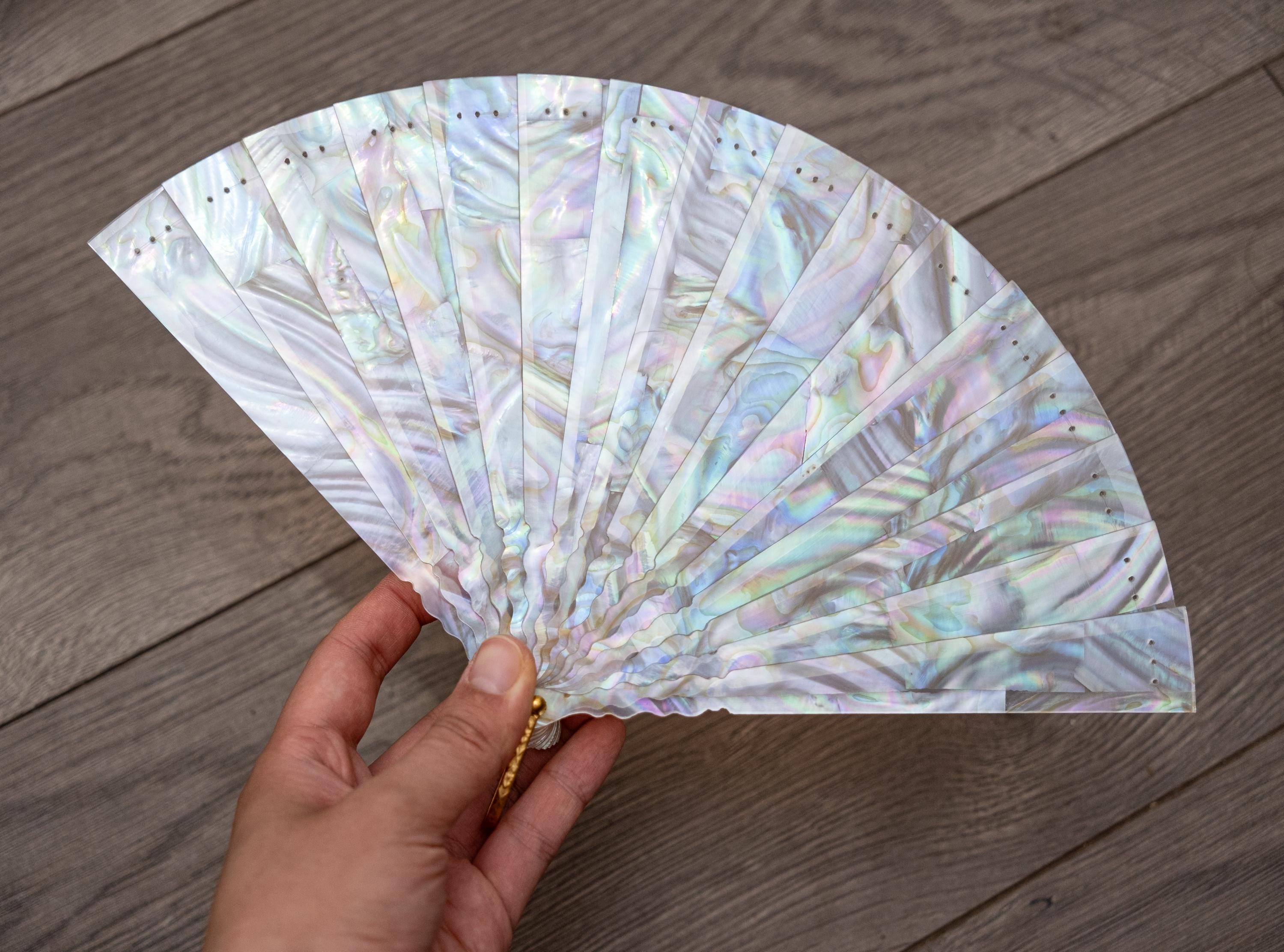Mother of Pearl Hand Fan, Natural Shell, Epoxy Resin, Handcrafted