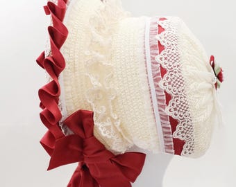 Classic Lolita Bonnet Hat, Red Beige, Adult Size, Vintage 