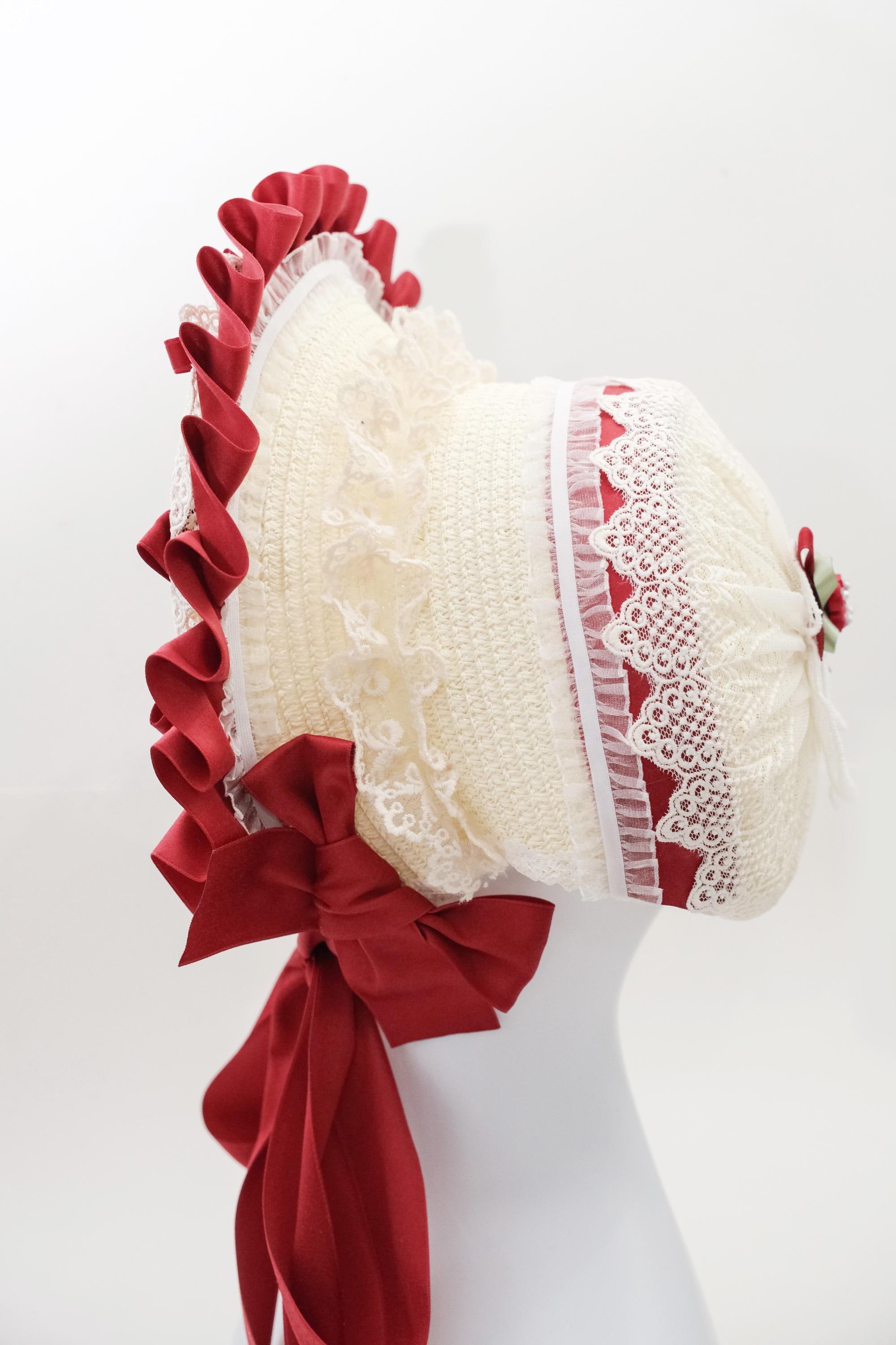 Classic Lolita Bonnet Hat, Red Beige, Vintage-inspired  display picture 2