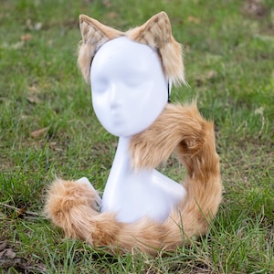 May include: A brown and white faux fur cat tail and headband set. The headband has cat ears and the tail is long and fluffy.