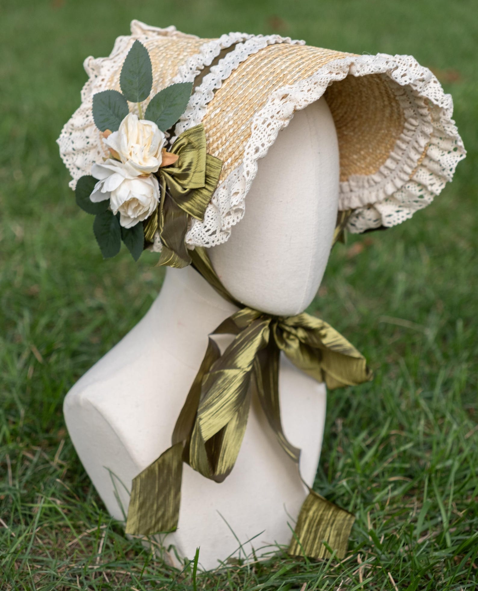 Bonnet Ribbon Victorian Flat Bonnet With Green Ribbons and Flowers, Adult Size ...