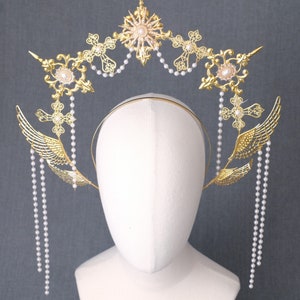 Bridal Holy Virgin Mary Gold Halo Rococo Crown Baroque Greek Goddess Olive Headpiece Roman Vine