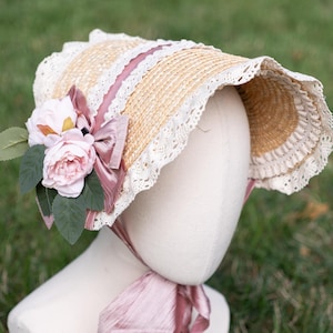 cottagecore straw bonnet lace hat retro prairie Lace Up Blue Floral Straw Bonnet Hat– The Cottagecore main image 3