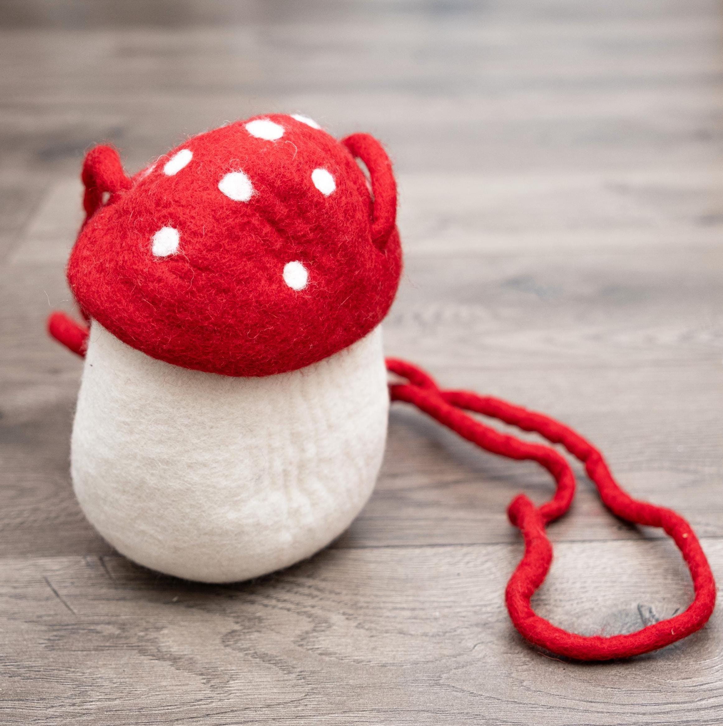 Felted wool mushroom bag, dotted red mushroom bag, forest elf bag, dwarf bag, fairy wool bag