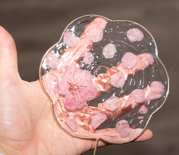 Water Ripples Fan With Flowers, Japanese Fan With Sakura and Waves