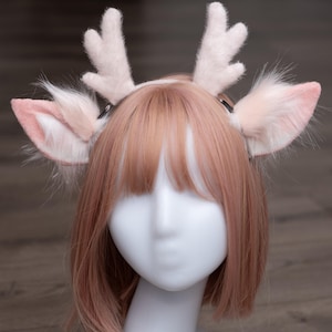 Kawaii deer ears, pink deer ears, cute deer ears with antlers, furry deer ears, lifelike fur cosplay headband anime
