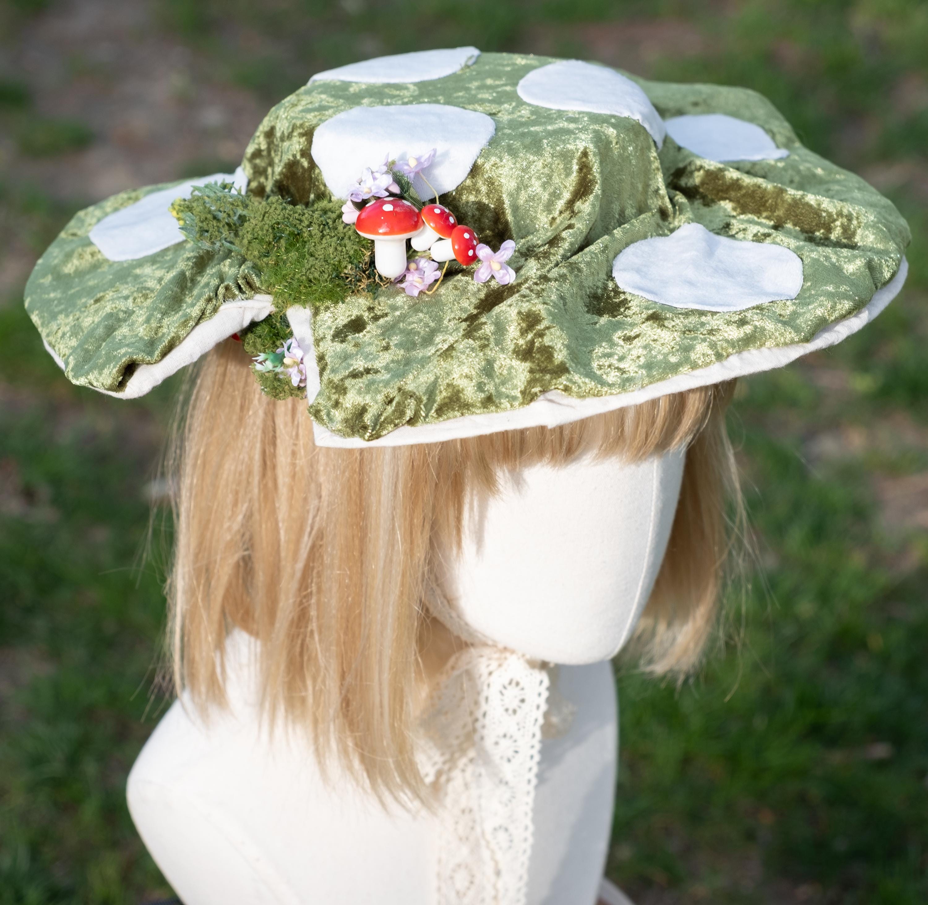 Green Mushroom Hat With White Dots, Velvet Mushroom Hat 