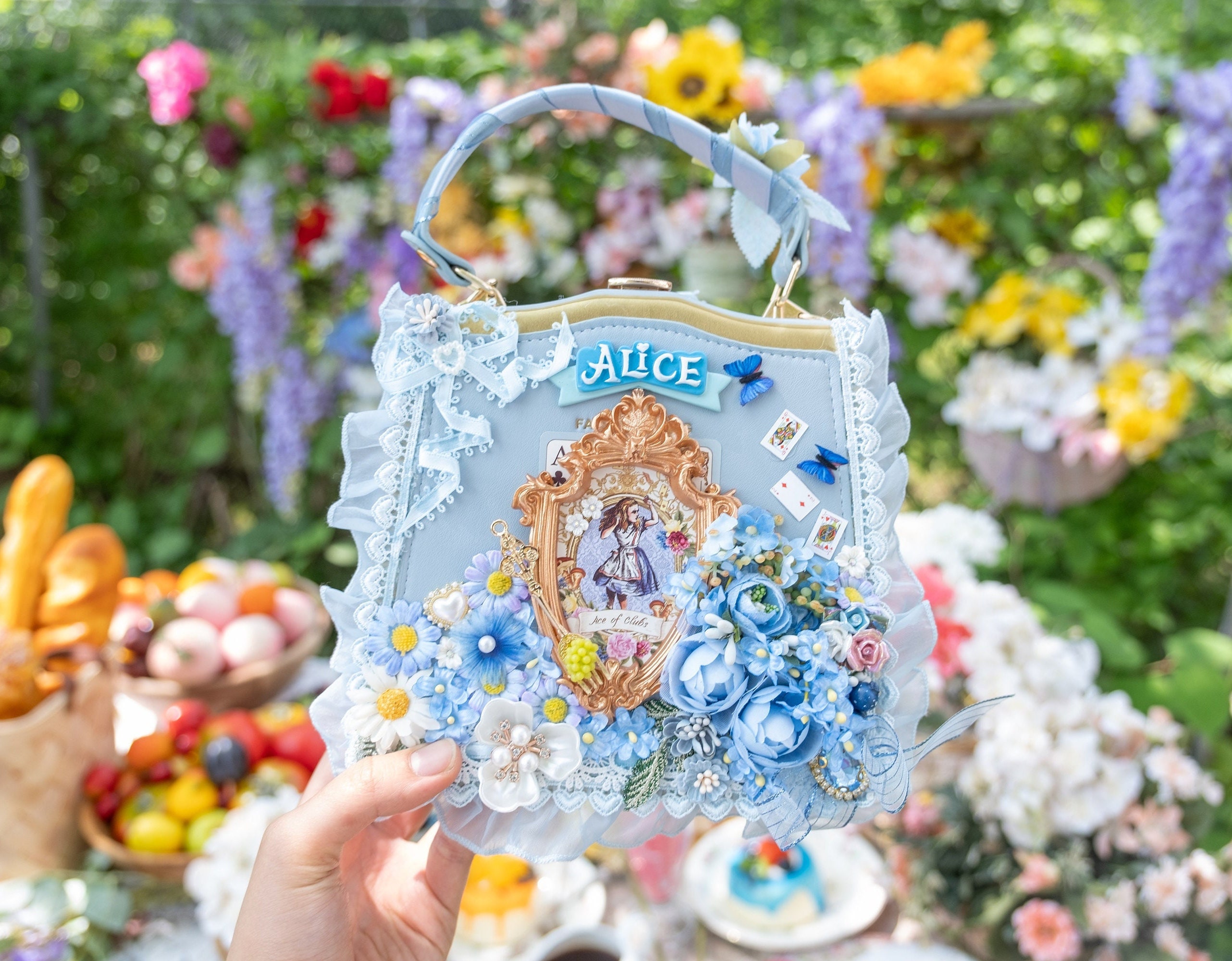 Alice in Wonderland Handbag, Blue Flowers and Gold Picture Frame