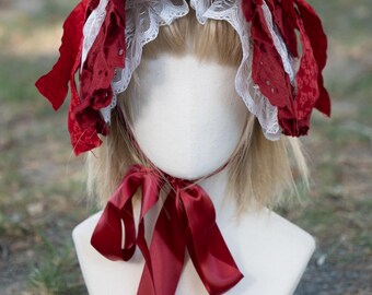 Red Prairie BONNET HAND MADE lace ruffle trim ribbon neck tie costume OS womens Hand Crafted | Accessories | Red Prairie Bonnet Hand Made  main image 2