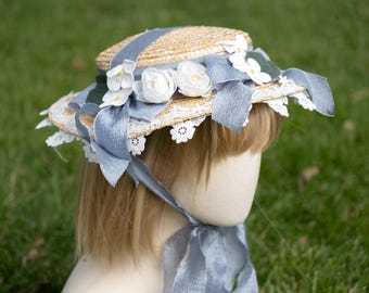 cottagecore straw bonnet lace hat retro prairie Lace Up Blue Floral Straw Bonnet Hat– The Cottagecore main image 2