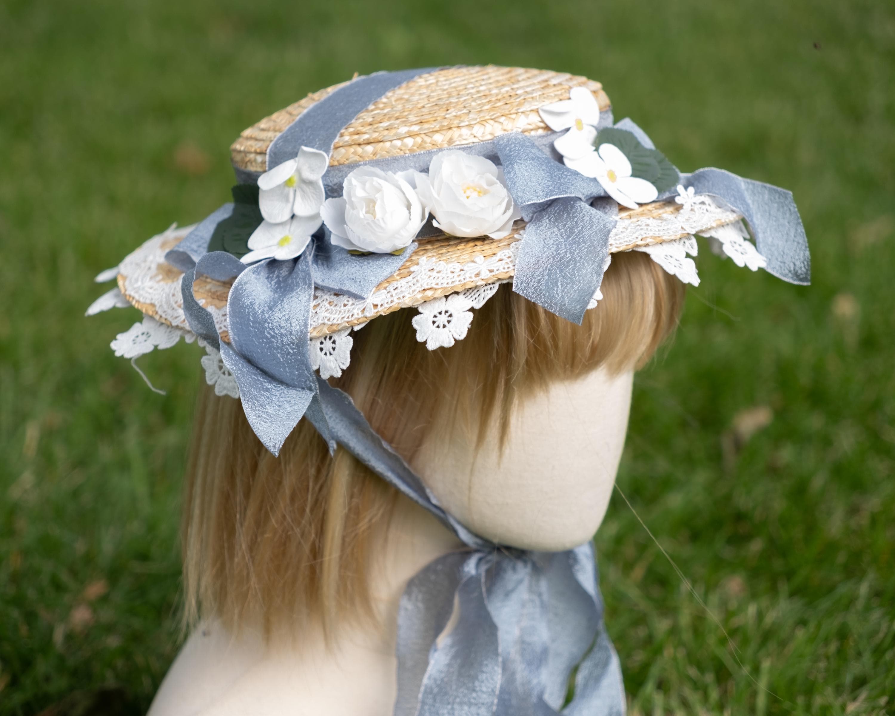 Victorian Bonnet With Blue Ribbons and Flowers, Adult Size  display picture 1