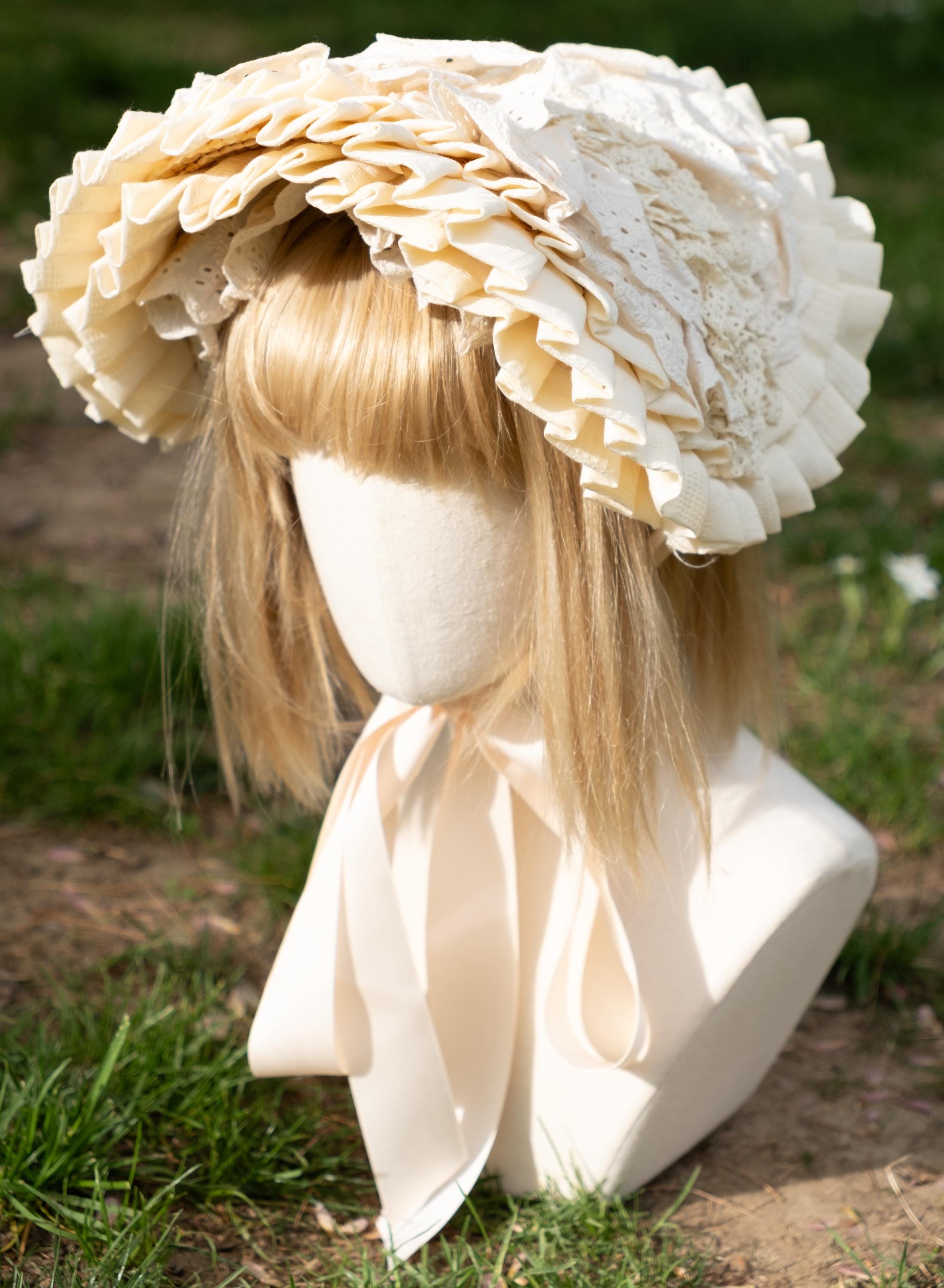 Victorian Flat Bonnet, Beige, Cotton Fabric With Lace, Adult  display picture 1