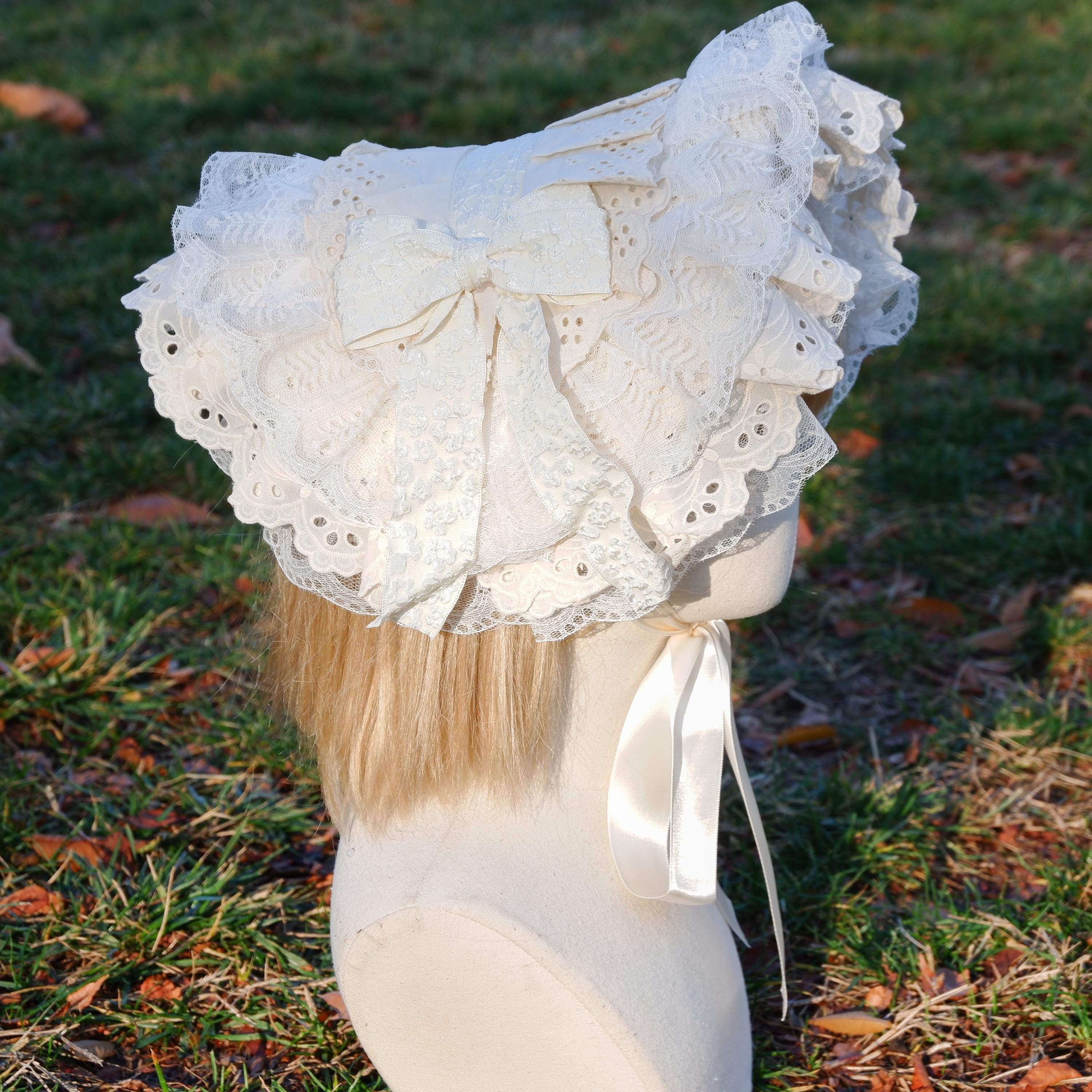 Victorian Flat Bonnet, Beige, Adult Size, Cotton Fabric With Lace