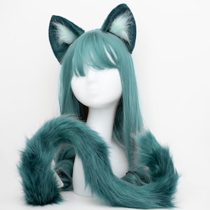 Maomao cat and tail, dark green, Apothecary furry cosplay, lifelike animal ears, cute kawaii anime manga neko