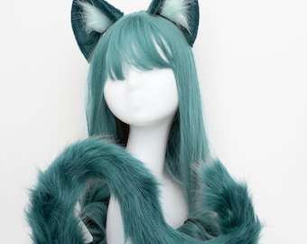 Maomao cat and tail, dark green, Apothecary furry cosplay, lifelike animal ears, cute kawaii anime manga neko